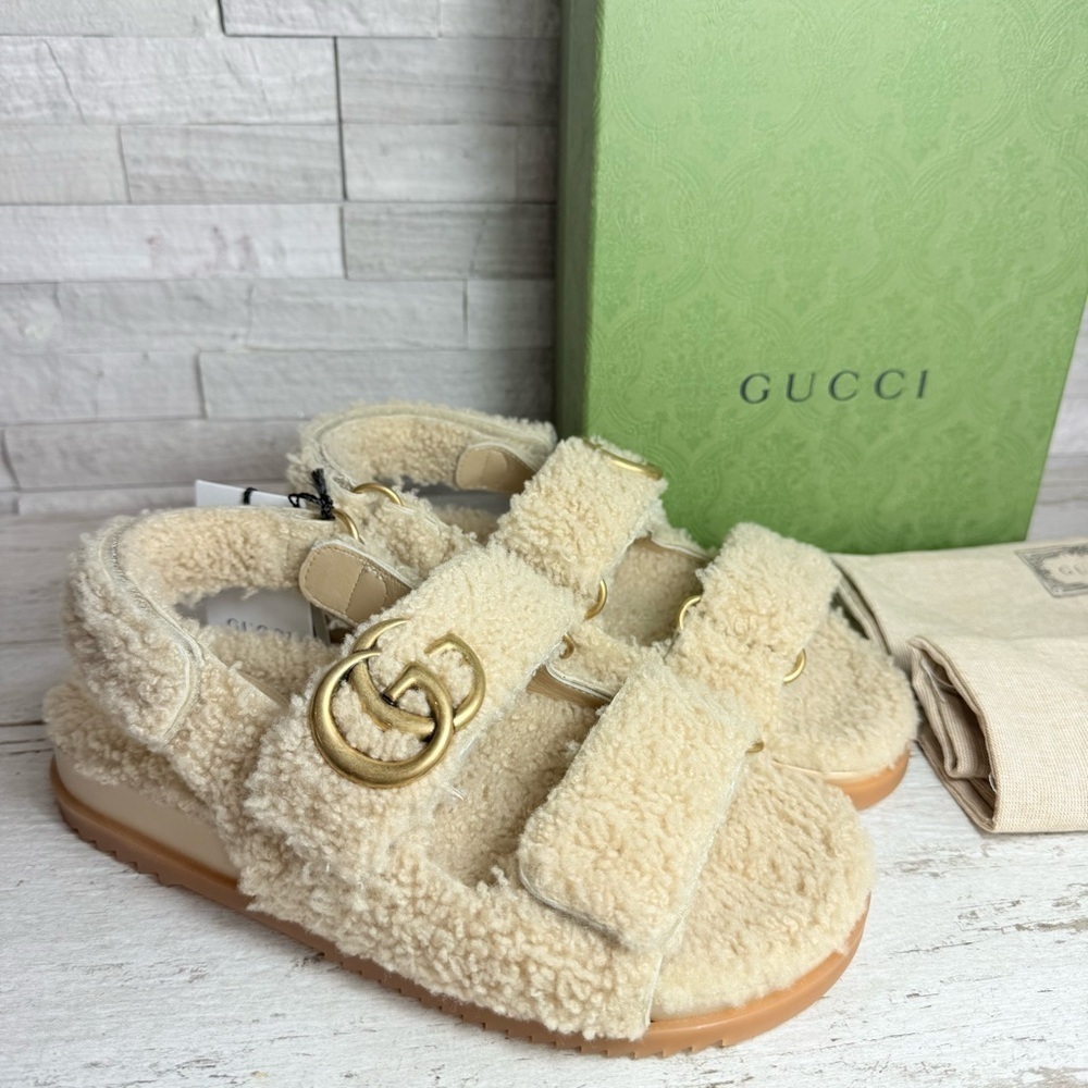 Gucci Cream Shearling Sandals with Gold GG Hardware
